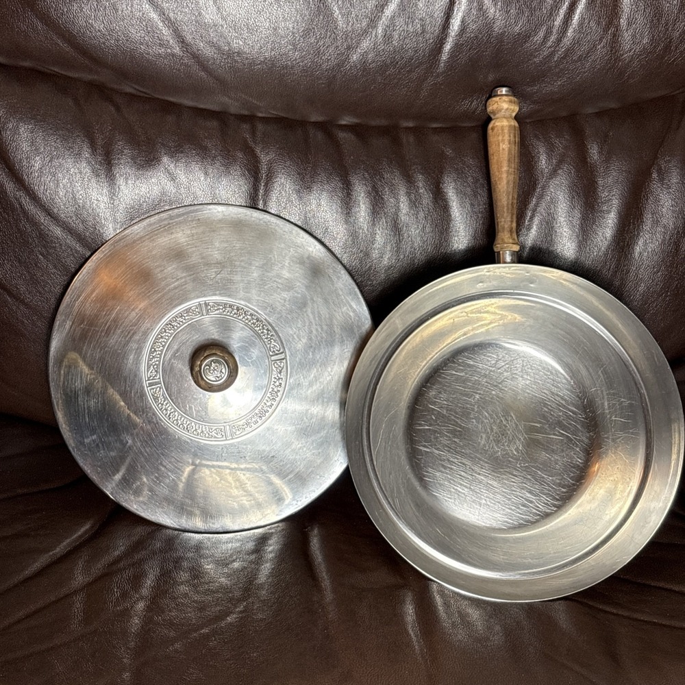 Vintage Stainless Steel Pan 10.5" & Lid With Carved Decoration Wooden Handle
